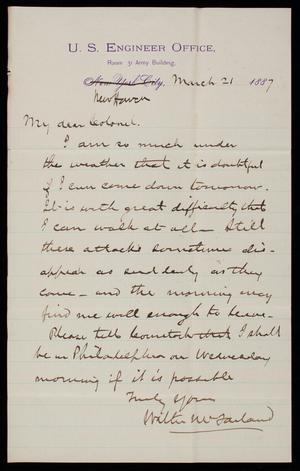 Walter McFarland to Thomas Lincoln Casey, March 21, 1887