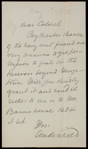 [Joseph C.] Andenried to Thomas Lincoln Casey, May 1, 1878
