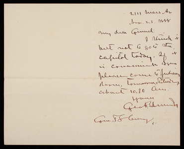 Senator [George] Edwards to Thomas Lincoln Casey, November 23, 1888