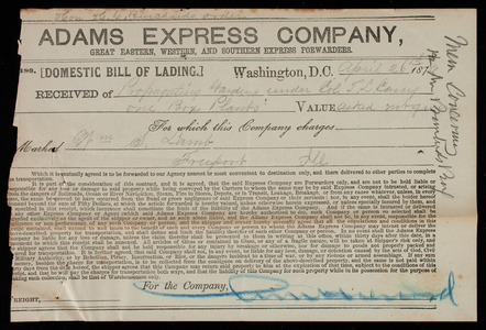 Adams Express Company to Thomas Lincoln Casey, April 25, 1878