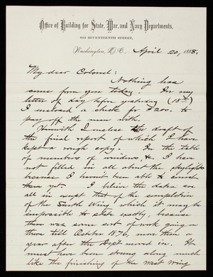 Bernard R. Green to Thomas Lincoln Casey, April 20, 1888