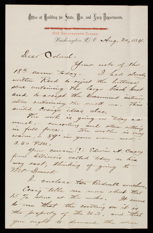 Bernard R. Green to Thomas Lincoln Casey, August 20, 1884