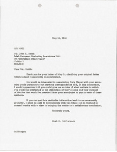 Letter from Mark H. McCormack to Irish European Marketing Associates Limited