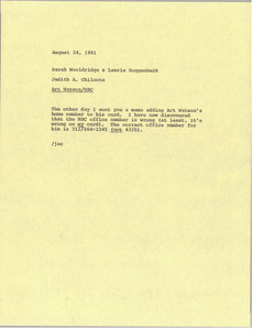 Memorandum from Judy Chilcote to Sarah Wooldridge and Laurie Roggenburk