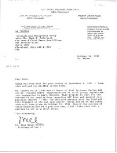 Fax from Axel Meyer-Wolden to Mark H. McCormack