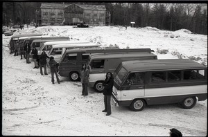 Brotherhood of the Spirit Dodge van advertisements: line of commune members and Dodge vans with commune house in background