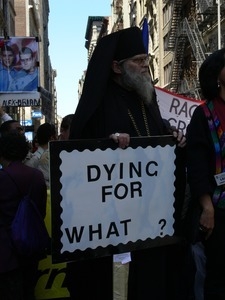 Greek Orthodox Archbishop Demetrios listening to the crowd during the march opposing the War in Iraq