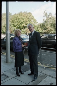 Margaret Heckler, United States Ambassador to Ireland, greeted by unidentified official