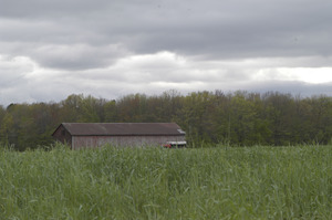 Tobacco barn and truck by a fallow field, Connecticut River Valley