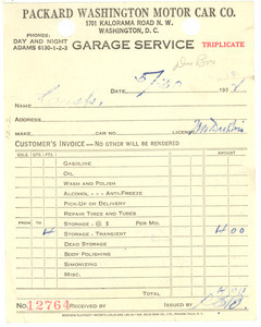 Invoice from Packard Washington Motor Car Co.