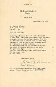Letter from Dr. R. A. Simmons to W. E. B. Du Bois