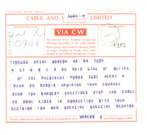 Cablegram from Ogonyok Magazine to W. E. B. Du Bois