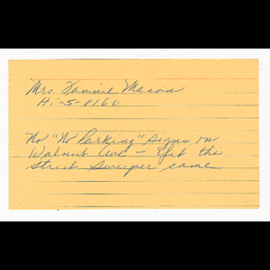 Notecard of complaint from Mrs. Fannie Mason concerning no parking signs on Walnut Avenue