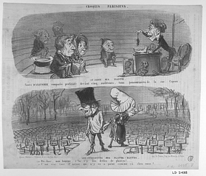 Au JARDIN DES PLANTES. Cours D'ANATOMIE comparée professée devant cinq auditeurs, tous pensionnaires de la rue Copeau. --- LES ÉTIQUETTES DES PLATES-BANTES. - Dis-donc, mon homme, v'là t'y des drôles de plantes!.... - C'est vrai tout d'même qui n'y en a point comme çà cheu nous!...