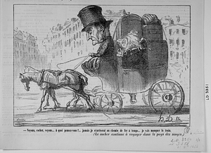 - Voyons, cocher, voyons.... à quoi pensez-vous?... jamais je n'arriverai au chemin de fer à temps... je vais manquer le train. (Le cocher continue à voyager dans le pays des songes.)