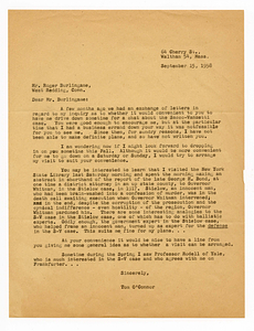 Letter from Tom O'Connor to Roger Burlingame, September 15, 1958