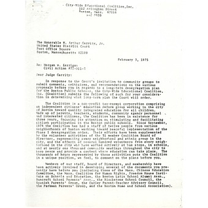Letter, Judge W. Arthur Garrity, February 3, 1975.
