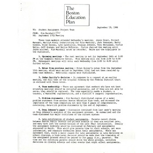 Letter, student assignment team, September 19, 1986.