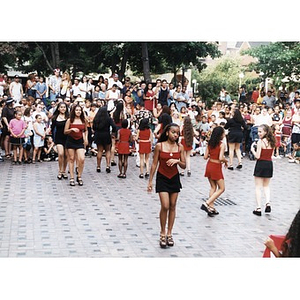 Teenage girls performing a dance in the plaza at Festival Betances.