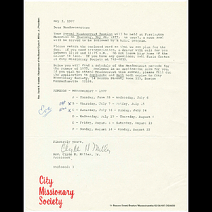 Letter from Reverend Clyde H. Miller of the City Missionary Society to Meadowcrest reunion participants about arrangements