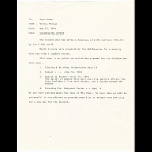 Memo from Mittie Thomas to Toye Brown regarding Goldenaires activities