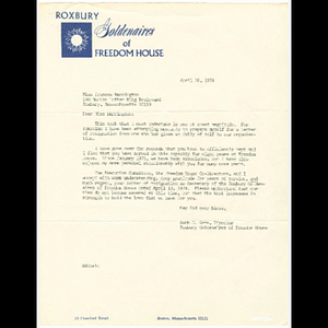 Letter from Frances Harrington to Ruth Gore resigning as recording secretary of Roxbury Goldenaires and Ruth Gore's response