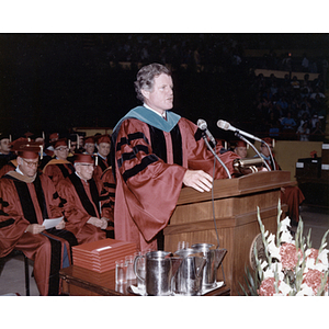 Senator Ted Kennedy gives the commencement address from a podium