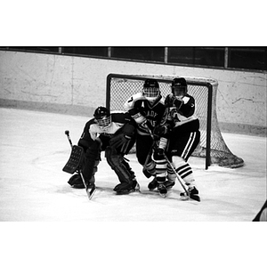 Goalie and two players in front of a goal during a Northeastern vs. Providence College women's ice hockey game