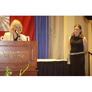 Karen T. Rigg introducing Krissy Wright as a Greg Jarvis Memorial Scholarship recipient