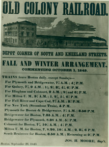 Old Colony Railroad fall and winter arrangement, depot corner of South and Kneeland Streets, Boston, September 26, 1849