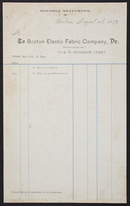 Billhead for the Boston Elastic Fabric Company, Dr., 173 & 175 Devonshire Street, Boston, Mass., dated August 1, 1879