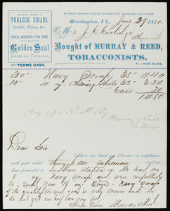 Billhead for Murray & Reed, tobacconists, No. 1 Bank Block, Burlington, Vermont, dated June 29, 1870