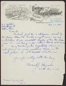 Letterhead for the Union Glass Company, Somerville, Mass., dated February 19, 1943