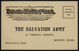 Postcard for The Salvation Army, 87 Vernon Street, Boston, Mass., undated
