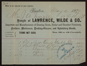 Billhead for Lawrence, Wilde & Co., drawing room, parlor and chamber furniture, Nos. 38 to 48 Cornhill, Boston, Mass., dated May 2, 1879