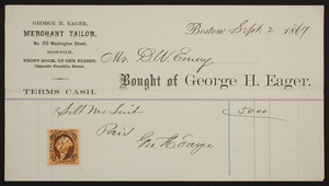 Billhead for George H. Eager, merchant tailor, No. 213 Washington Street, Boston, Mass., dated September 2, 1869