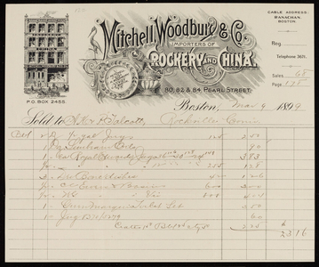 Billhead for Mitchell, Woodbury & Co., importers of crockery and china, 80, 82 & 84 Pearl Street, Boston, Mass., dated March 9, 1899