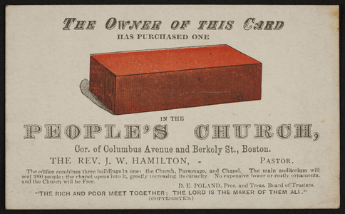 Trade card for the People's Church, corner of Columbus Avenue and Berkeley Street, Boston, Mass., undated