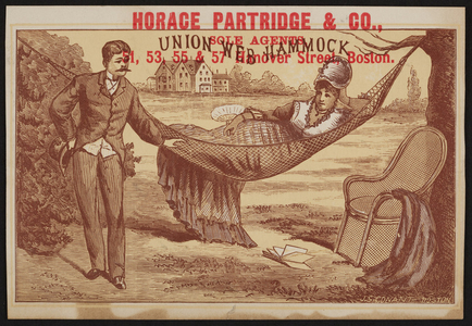 Trade card for the Union Web Hammock, Horace Partridge & Co., sole agents, 51-57 Hanover Street, Boston, Mass., ca. 1875