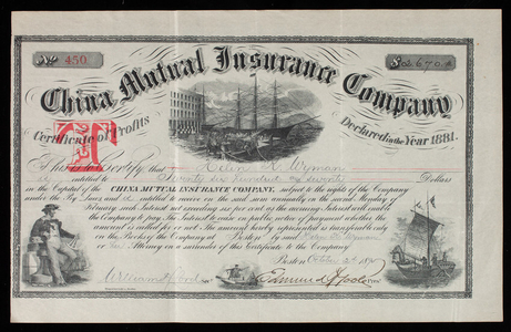 Certificate of profits, no. 450, for the China Mutual Insurance Company, Boston, Mass., dated October 2, 1895