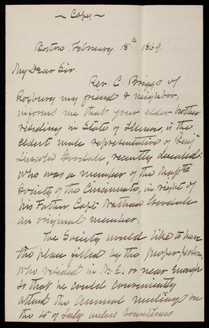 L. C. Bowles to General Silas Casey, February 18th, 1869, copy
