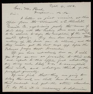 Thomas Lincoln Casey to General M. Reed, September 4, 1883, copy