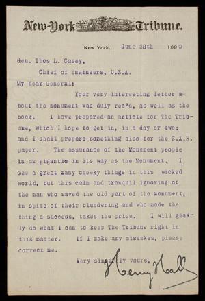 Henry Hall to Thomas Lincoln Casey, June 30, 1890