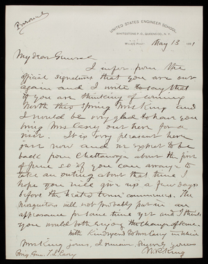 [William] R. King to Thomas Lincoln Casey, May 13, 1891