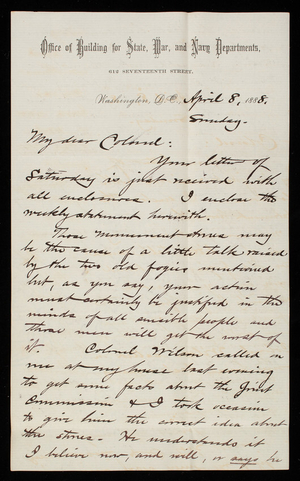 Bernard R. Green to Thomas Lincoln Casey, April 8, 1888