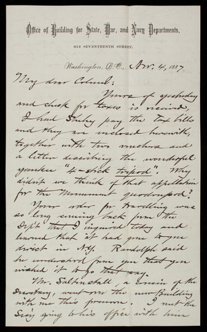 Bernard R. Green to Thomas Lincoln Casey, November 4, 1887