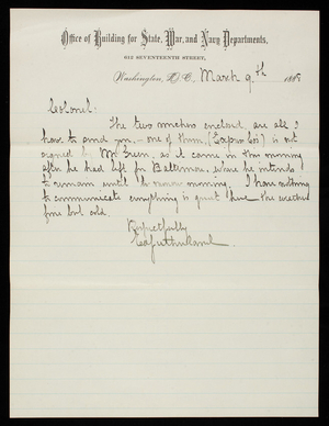 Ed. Sutherland to Thomas Lincoln Casey, March 9, 1888