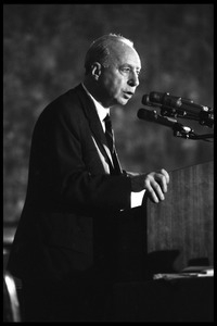 Hans J .Morgenthau, speaking at the National Teach-in on the Vietnam War: half-length portrait at the podium