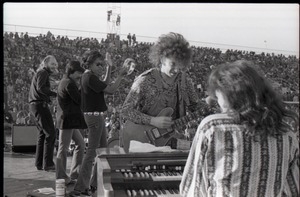 Hollywood Speedway Rock Festival: Elvin Bishop Group in performance: Elvin Bishop playing to keyboardist Steve Miller, Jo Baker in background)