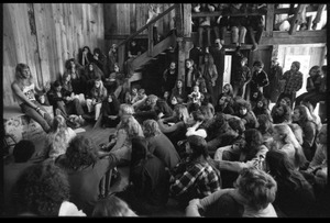 Michael Metelica addressing a crowd of commune members at a meeting inside the Brotherhood of the Spirit dormitory, Warwick, Mass. (view from left in audience)